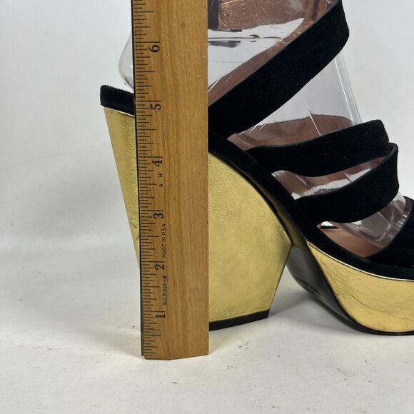 MARC BY MARC JACOB Sandals 40 Suede 5" Block Heels Platform Black Gold - Picture 14 of 16